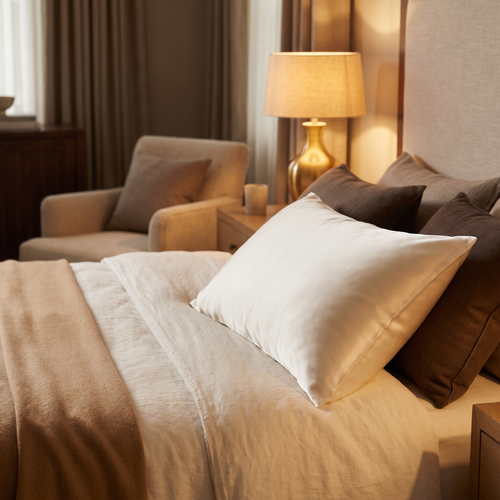 Ivory mulberry silk pillowcase on a made hotel-suite bed in warm lamplight
