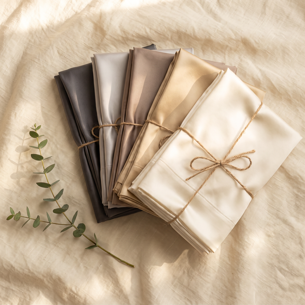 Mulberry silk pillowcases in six hotel-neutral colors on cream linen