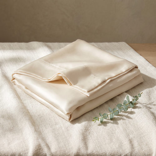 Ivory mulberry silk pillowcase folded on cream linen