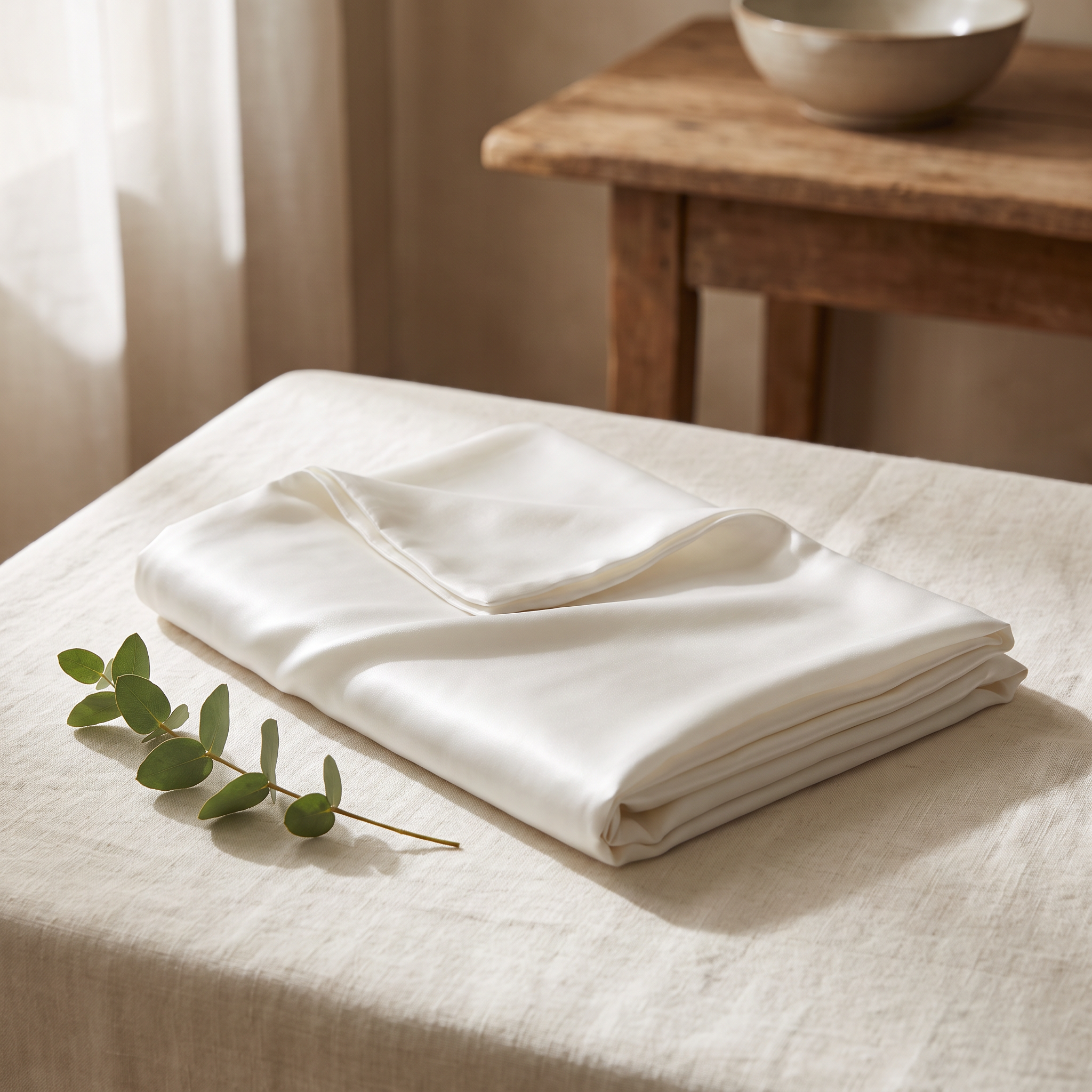 White mulberry silk pillowcase folded on cream linen