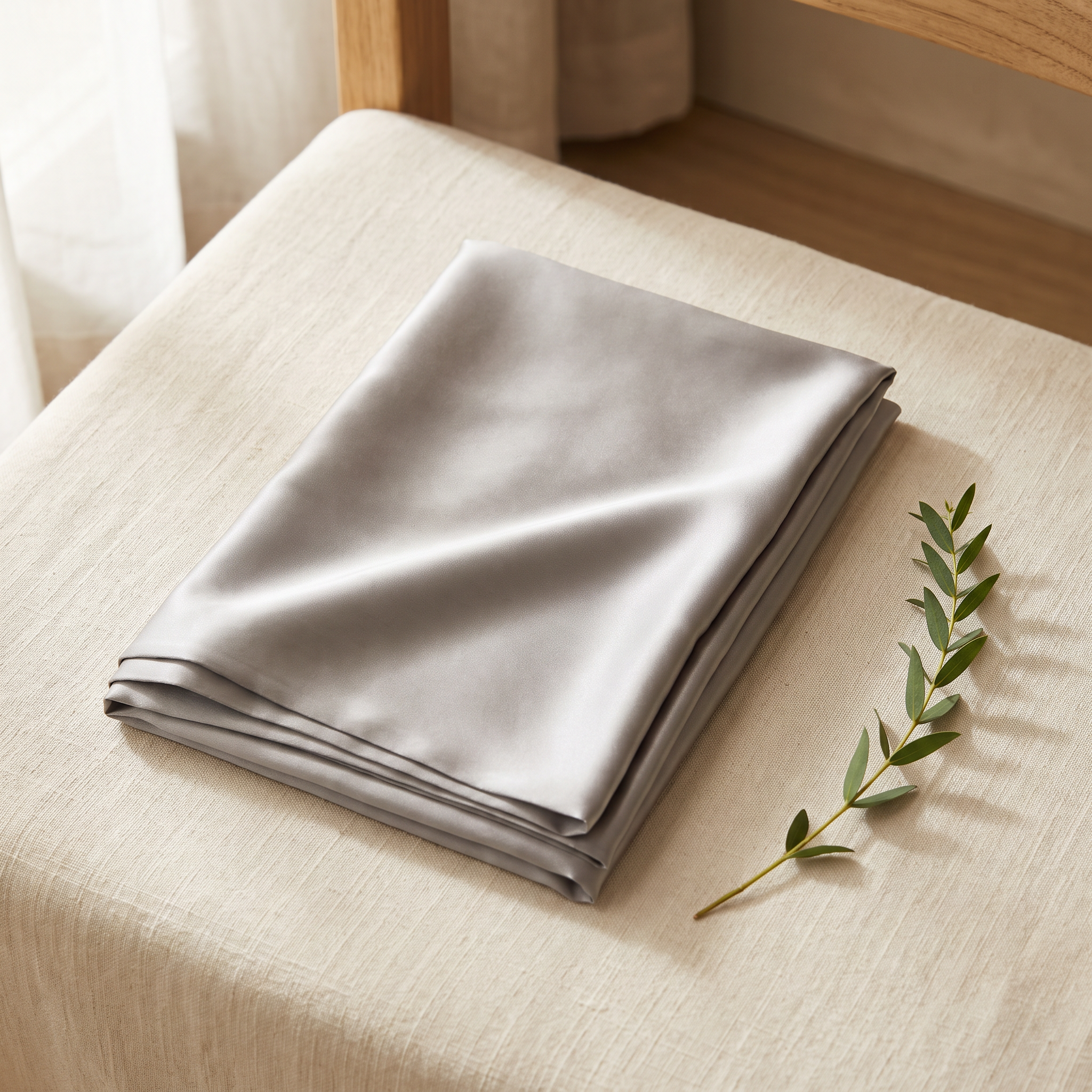 Silver mulberry silk pillowcase folded on cream linen