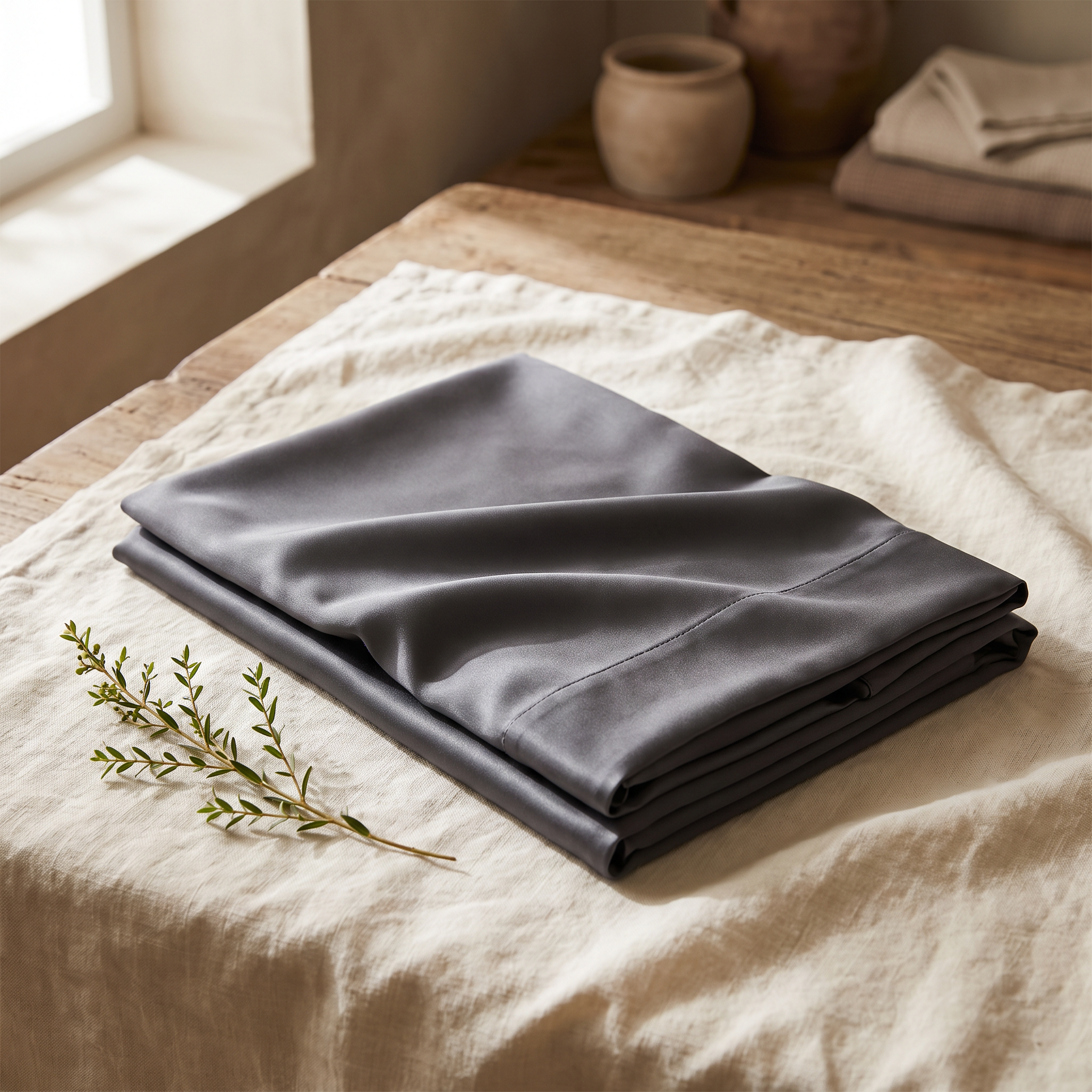 Charcoal mulberry silk pillowcase folded on cream linen