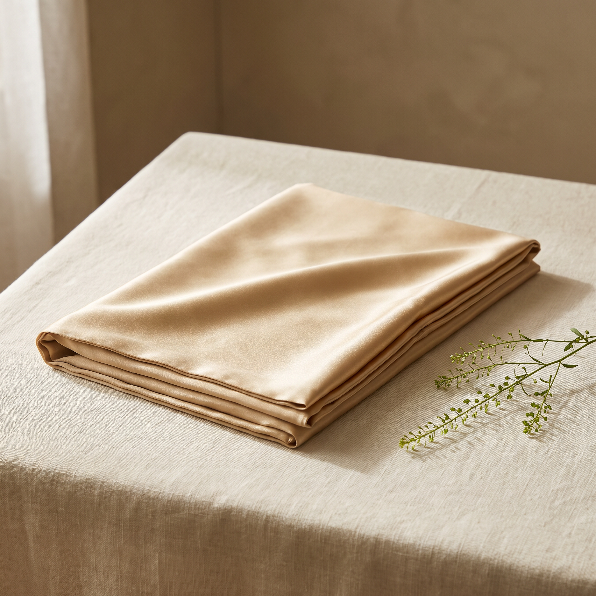 Champagne mulberry silk pillowcase folded on cream linen