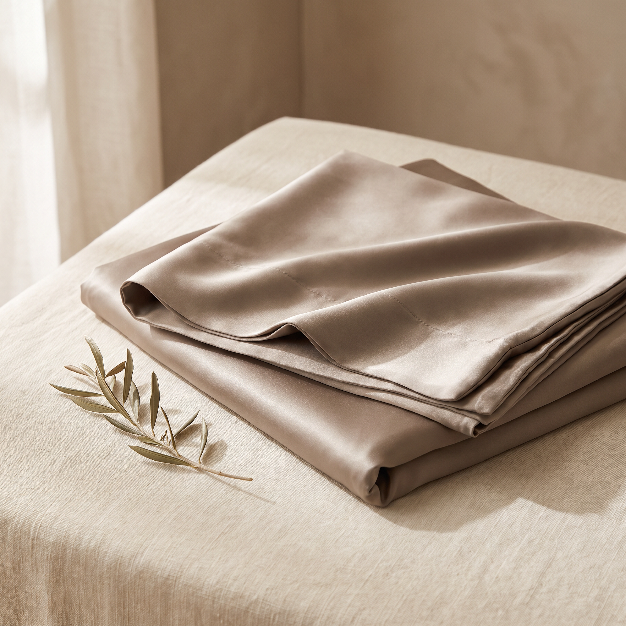 Taupe mulberry silk pillowcase folded on cream linen