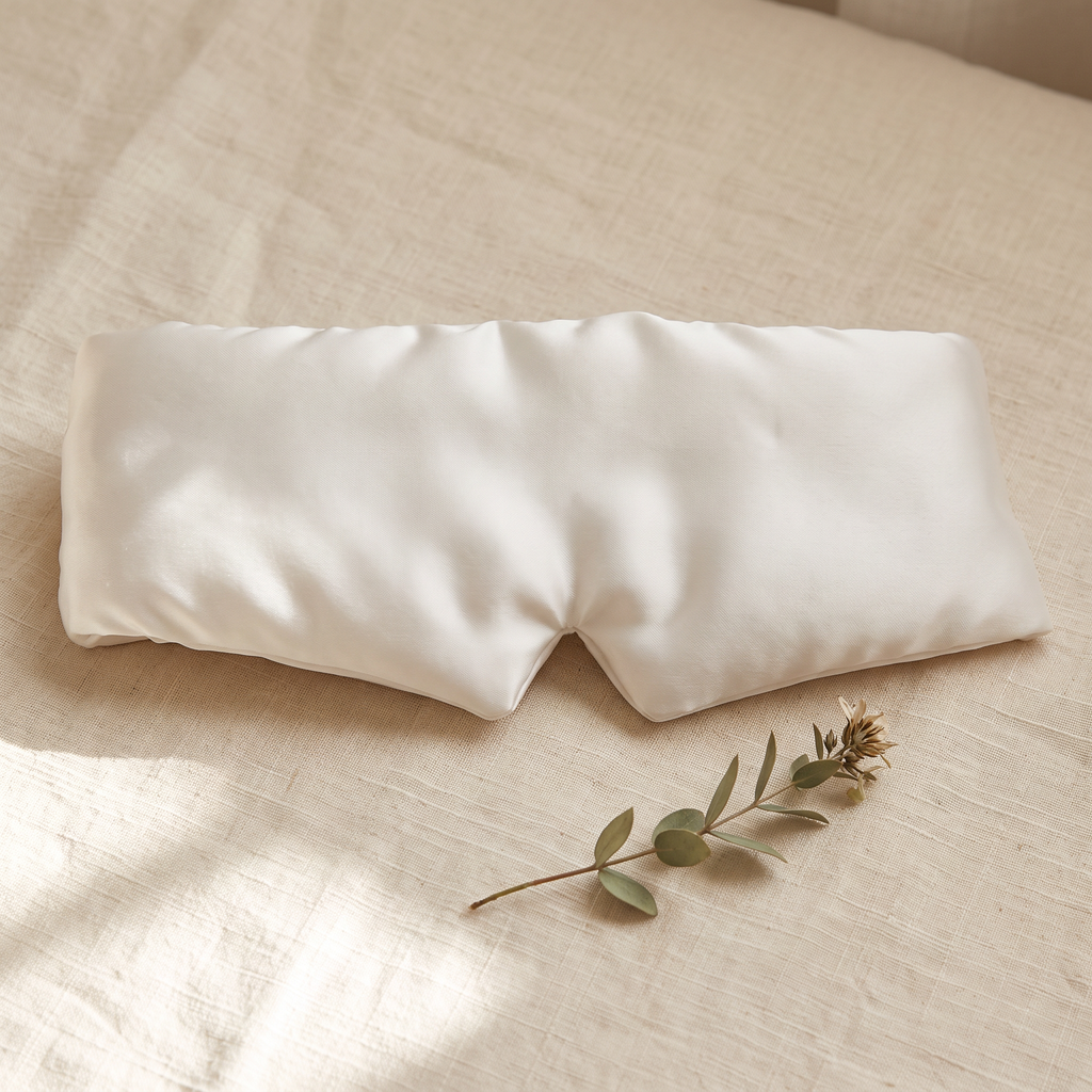 White plush mulberry silk sleep mask on cream linen