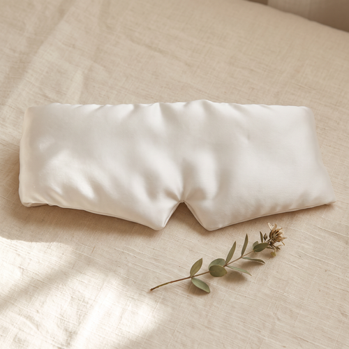 White plush mulberry silk sleep mask on cream linen