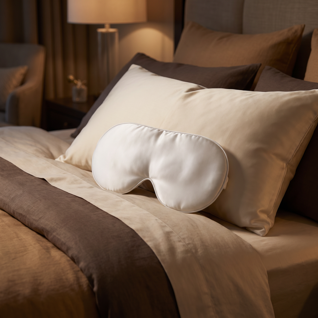 Silk sleep mask in white on a silk pillow in a warm hotel suite bed