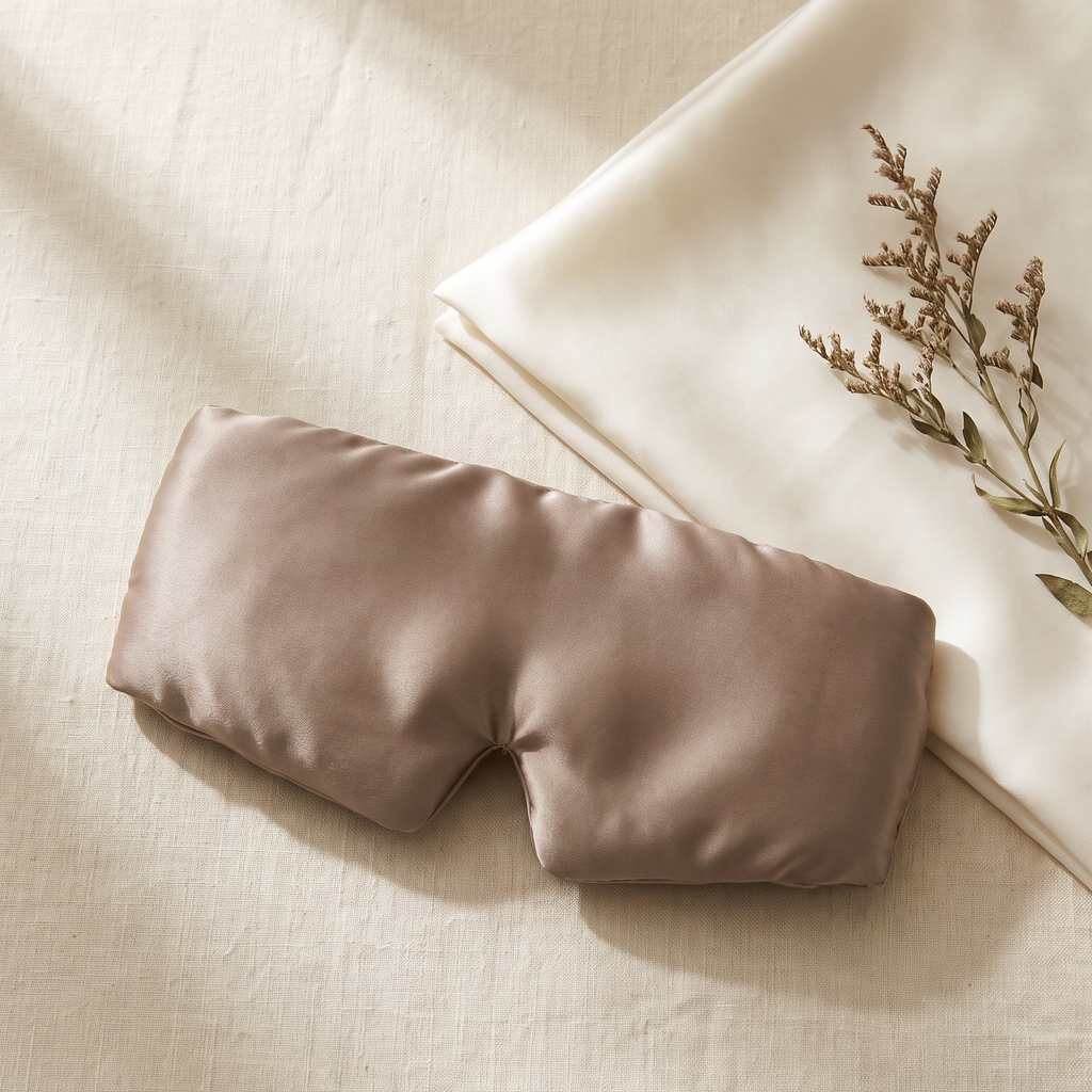 Mulberry silk pillowcase and matching plush silk sleep mask on cream linen